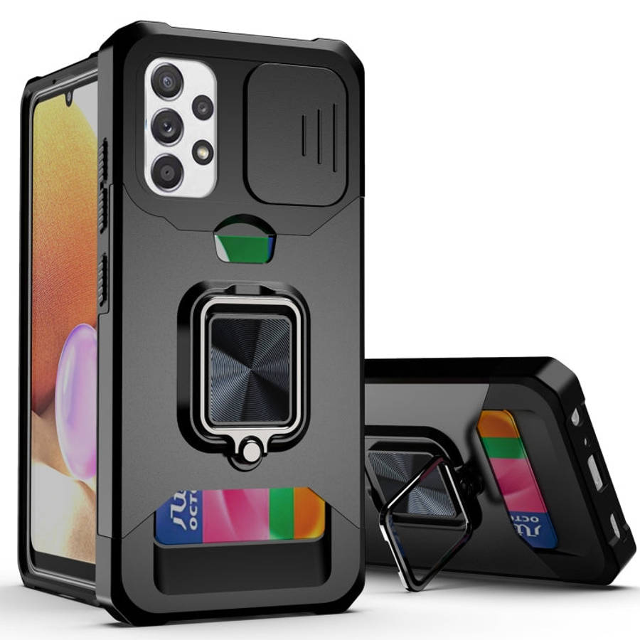 Sliding Camera Cover Design PC + TPU Shockproof Case with Ring Holder & Card Slot, For Samsung Ga...
