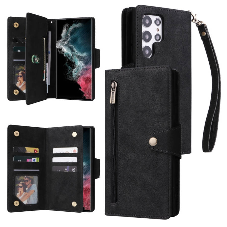 Rivet Buckle 9 Cards Three Fold Leather Phone Case, For Samsung Galaxy S22+, For Samsung Galaxy S...