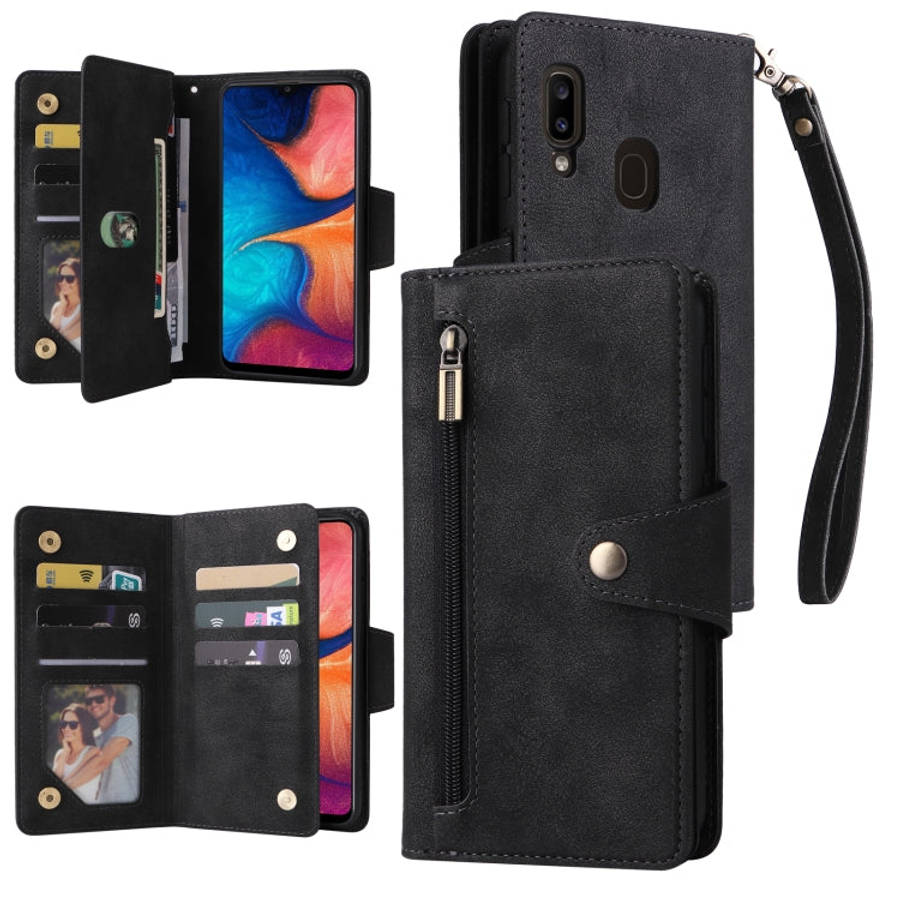 Rivet Buckle 9 Cards Three Fold Leather Phone Case, For Samsung Galaxy A20, For Samsung Galaxy A2...