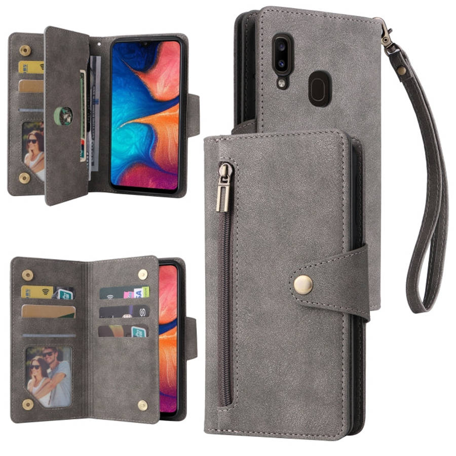 Rivet Buckle 9 Cards Three Fold Leather Phone Case, For Samsung Galaxy A20, For Samsung Galaxy A2...
