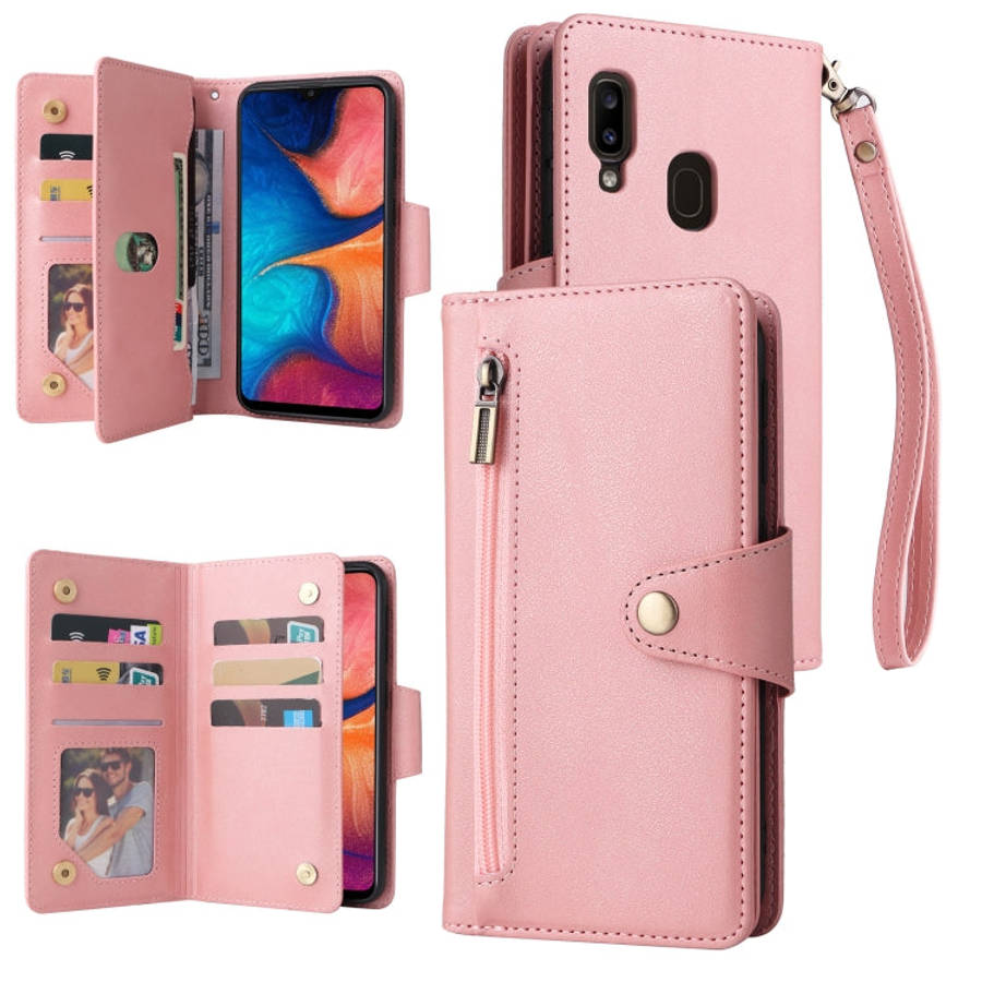 Rivet Buckle 9 Cards Three Fold Leather Phone Case, For Samsung Galaxy A20, For Samsung Galaxy A2...