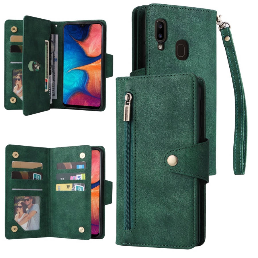 Rivet Buckle 9 Cards Three Fold Leather Phone Case, For Samsung Galaxy A20, For Samsung Galaxy A2...