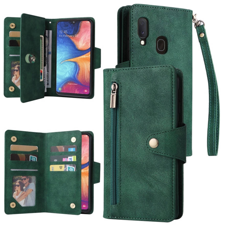 Rivet Buckle 9 Cards Three Fold Leather Phone Case, For Samsung Galaxy A20, For Samsung Galaxy A2...