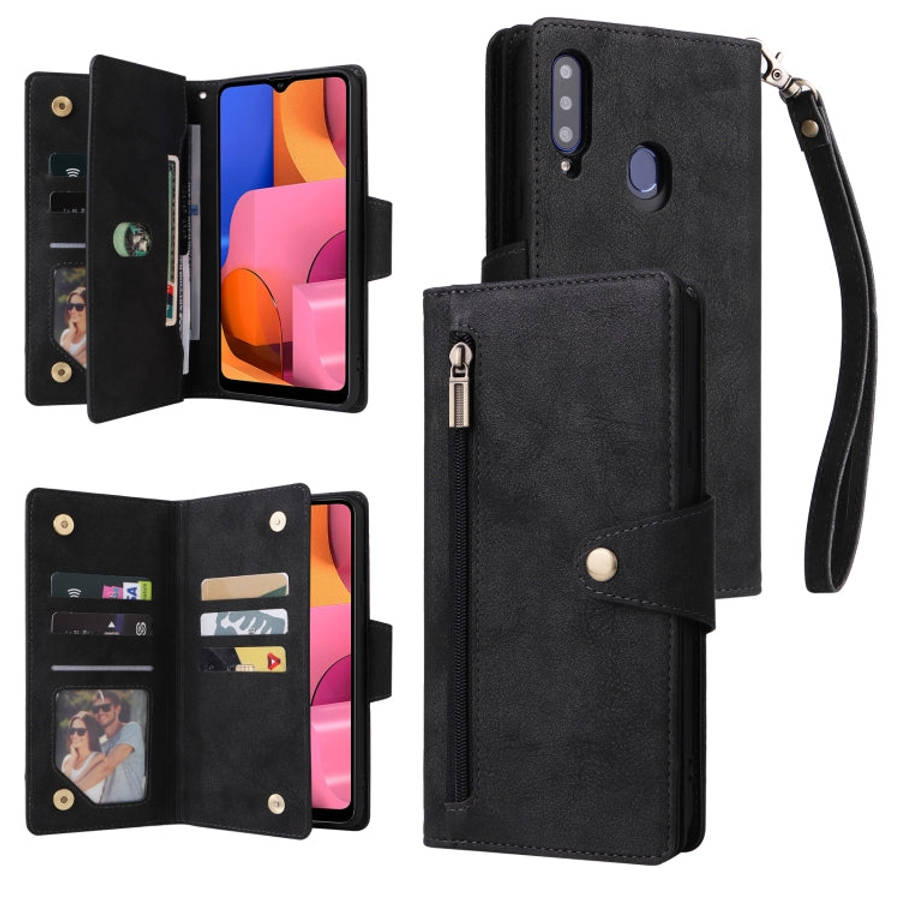 Rivet Buckle 9 Cards Three Fold Leather Phone Case, For Samsung Galaxy A20, For Samsung Galaxy A2...
