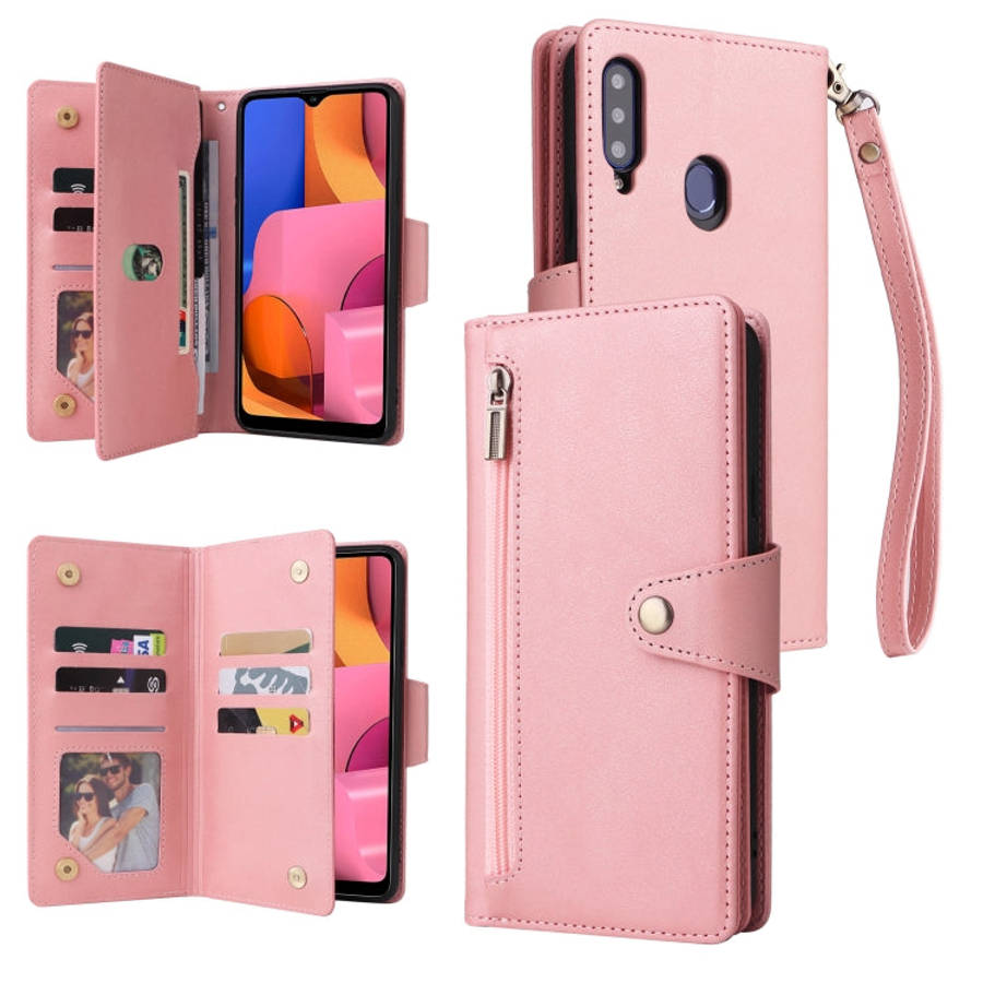 Rivet Buckle 9 Cards Three Fold Leather Phone Case, For Samsung Galaxy A20, For Samsung Galaxy A2...
