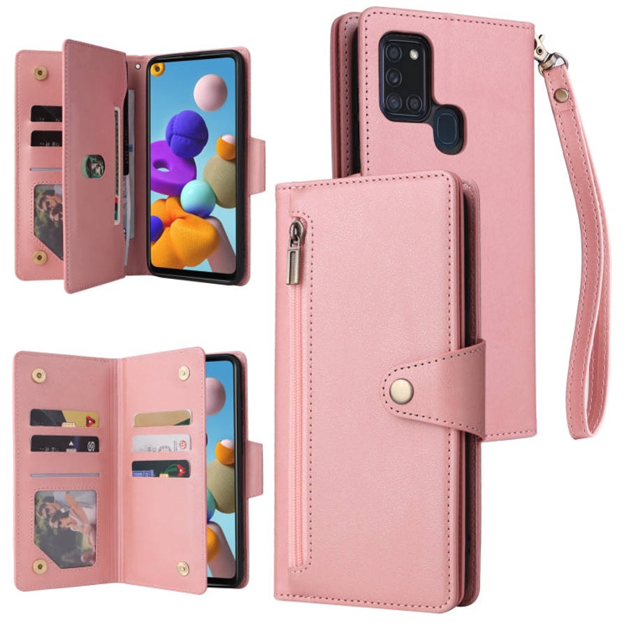 Rivet Buckle 9 Cards Three Fold Leather Phone Case, For Samsung Galaxy A20, For Samsung Galaxy A2...