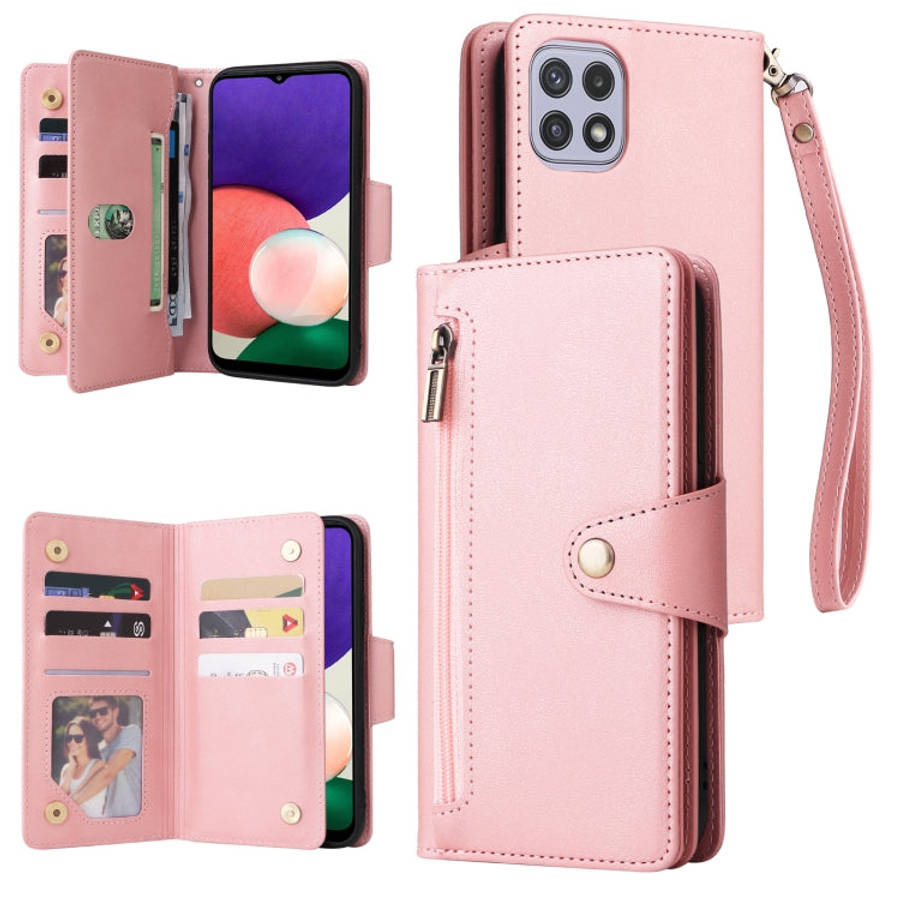 Rivet Buckle 9 Cards Three Fold Leather Phone Case, For Samsung Galaxy A20, For Samsung Galaxy A2...
