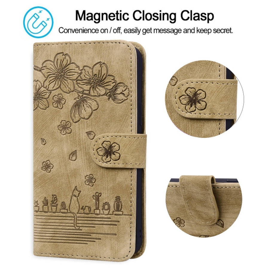 Cartoon Sakura Cat Embossed Leather Case, For iPhone 13 mini, For iPhone 13, For iPhone 13 Pro, F...
