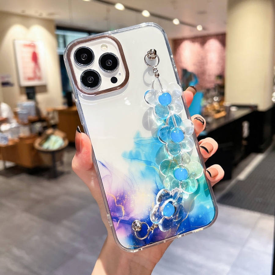 Gold Halo Marble Pattern Case with Flower Bracelet, For iPhone 14, For iPhone 14 Plus, For iPhone...