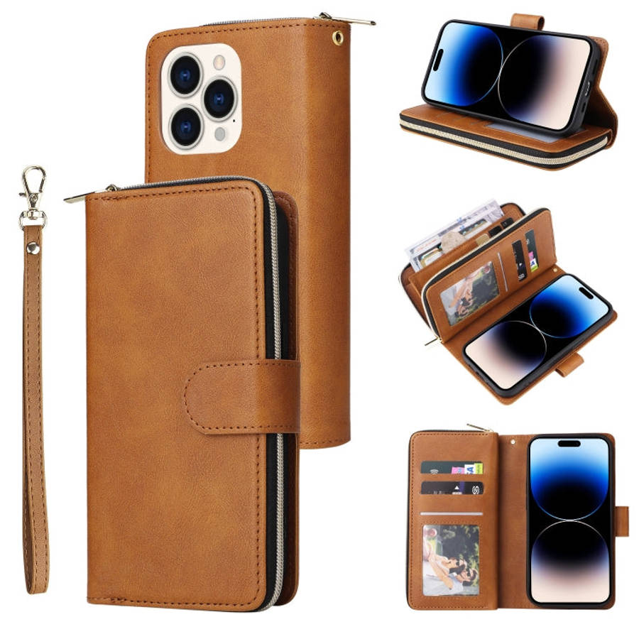 9 Card Slots Zipper Wallet Bag Leather Phone Case, For iPhone 14, For iPhone 14 Plus, For iPhone ...