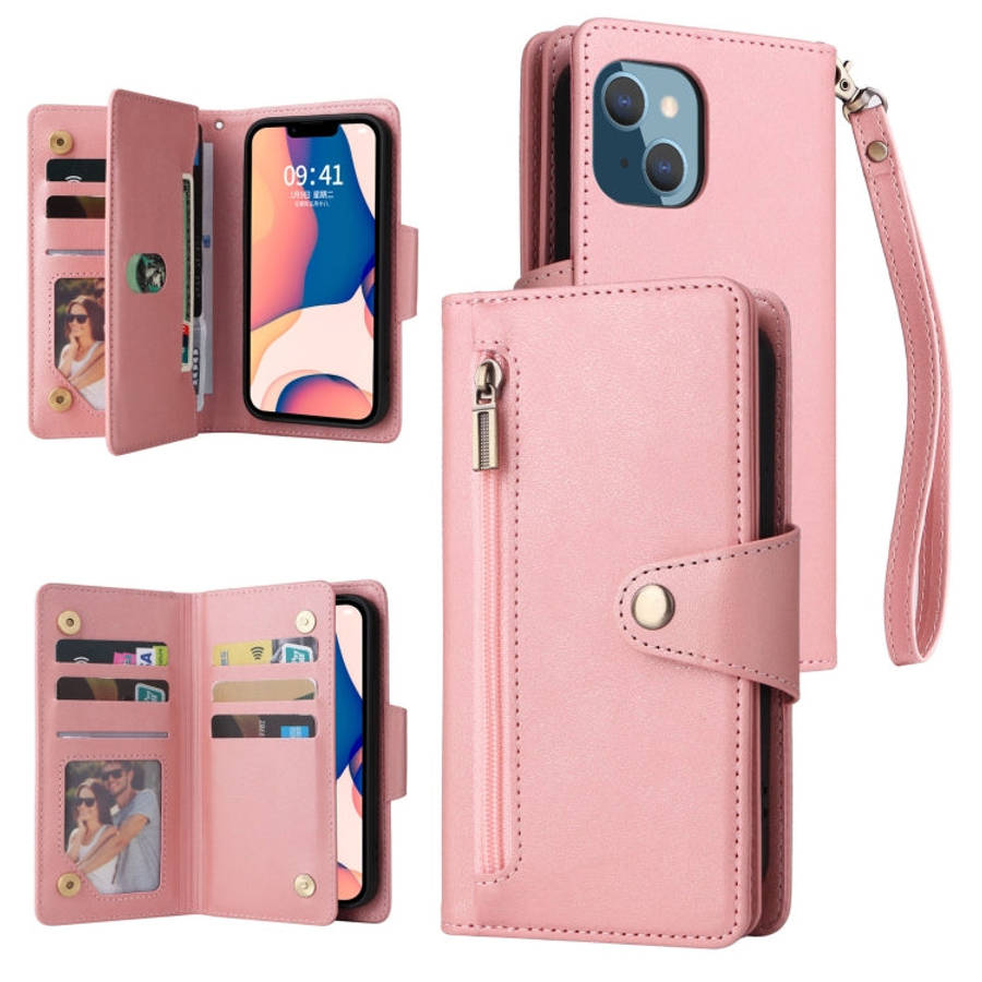 Rivet Buckle 9 Cards Three Fold Leather Phone Case, For iPhone 14, For iPhone 14 Plus, For iPhone...