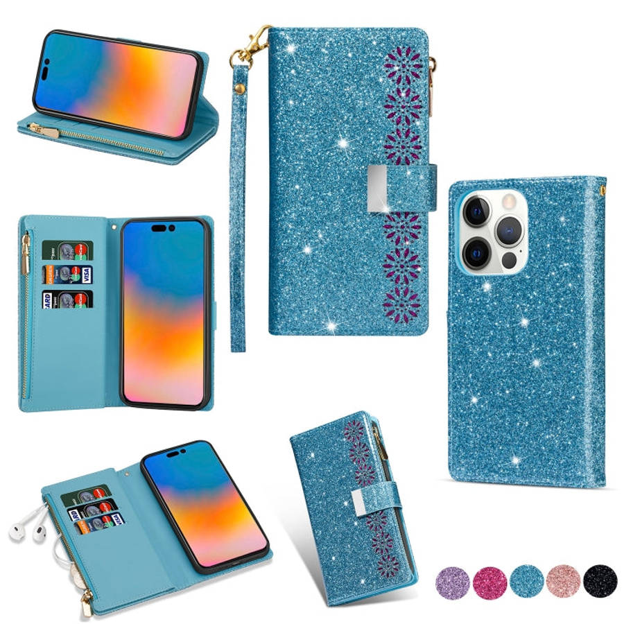 Multi-card Slots Laser Carving Glitter Zipper Leather Case, For iPhone 14, For iPhone 14 Max, For...