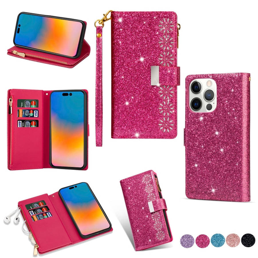 Multi-card Slots Laser Carving Glitter Zipper Leather Case, For iPhone 14, For iPhone 14 Max, For...