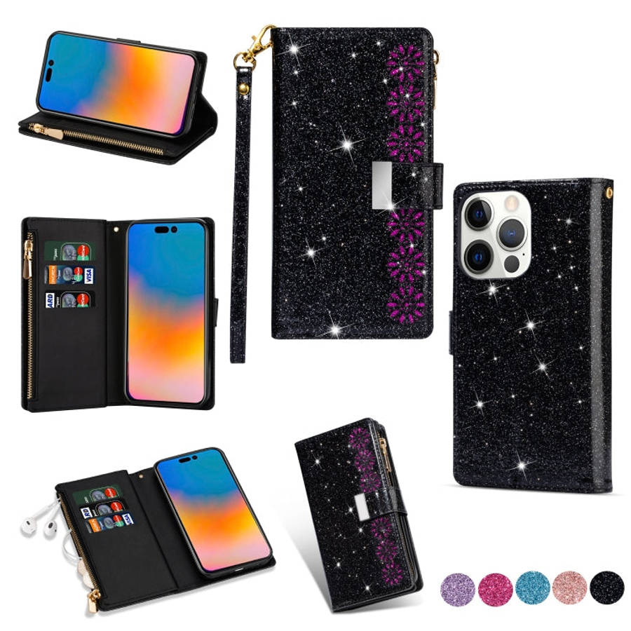 Multi-card Slots Laser Carving Glitter Zipper Leather Case, For iPhone 14, For iPhone 14 Max, For...