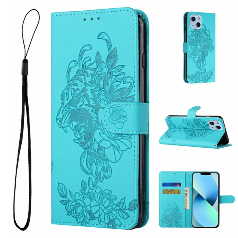 Tiger Flower Embossing Leather Phone Case, For iPhone 14, For iPhone 14 Plus, For iPhone 14 Pro, ...