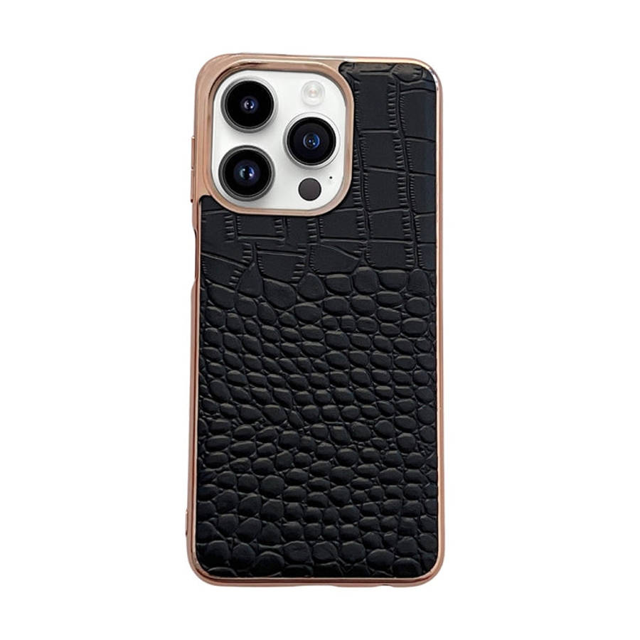 Crocodile Texture Genuine Leather Nano Electroplating Phone Case, For iPhone 14 Pro, For iPhone 1...