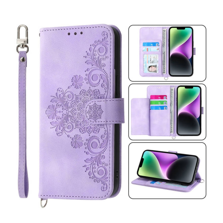 Skin-feel Flowers Embossed Wallet Leather Phone Case, For iPhone 14, For iPhone 14 Plus, For iPho...