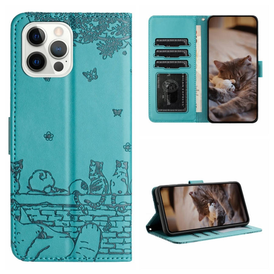 Cat Embossing Pattern Leather Phone Case with Lanyard, For iPhone 13 Pro Max, For iPhone 13 Pro, ...