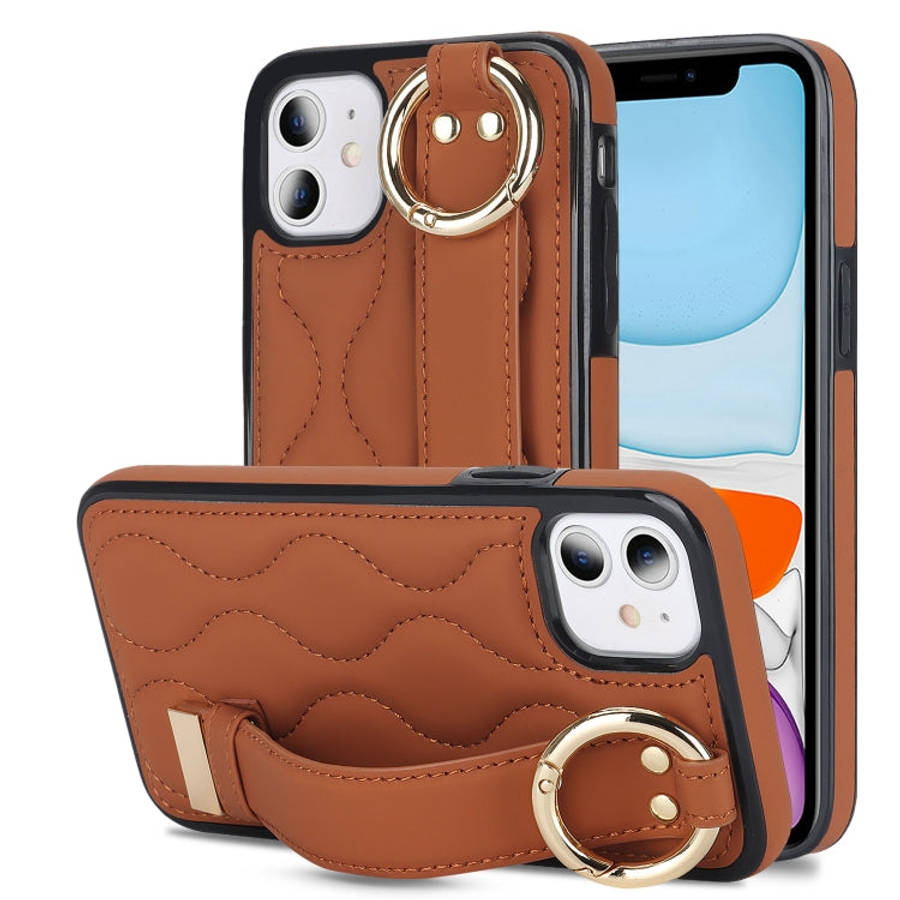 Non-slip Full Coverage Ring PU Phone Case with Wristband, For iPhone 12 Pro / 12, For iPhone 12 P...