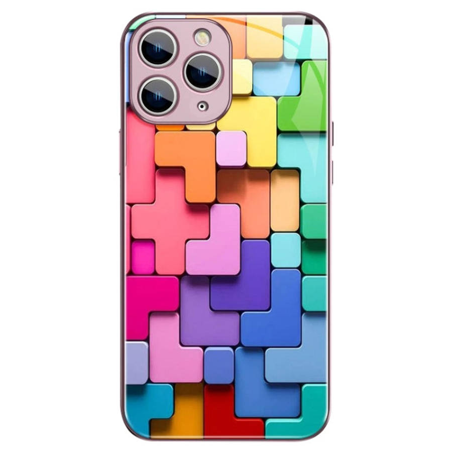 Colorful Toy Bricks Pattern Shockproof Glass Phone Case, For iPhone 14 Plus, For iPhone 14, For i...