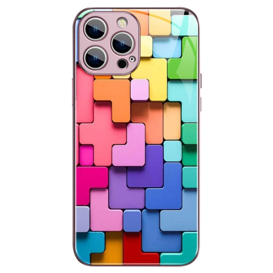 Colorful Toy Bricks Pattern Shockproof Glass Phone Case, For iPhone 14 Plus, For iPhone 14, For i...
