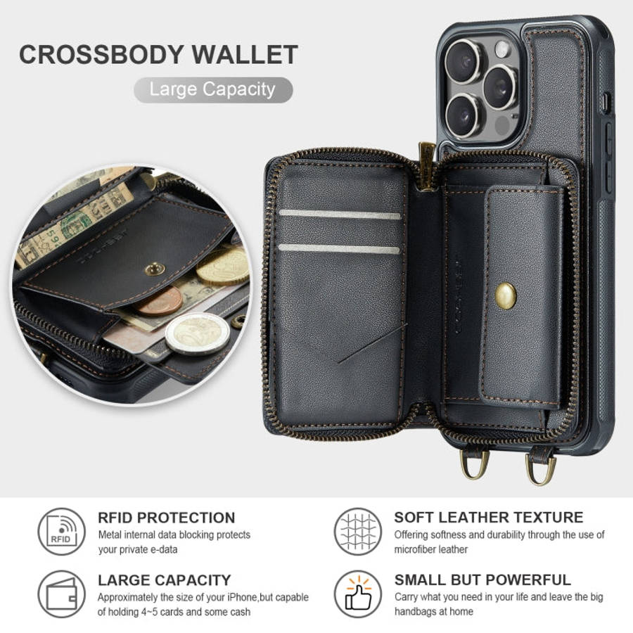 JEEHOOD C22 Series Zipper Wallet Leather Phone Case with Dual Lanyard, For iPhone 15 Pro, For iPh...