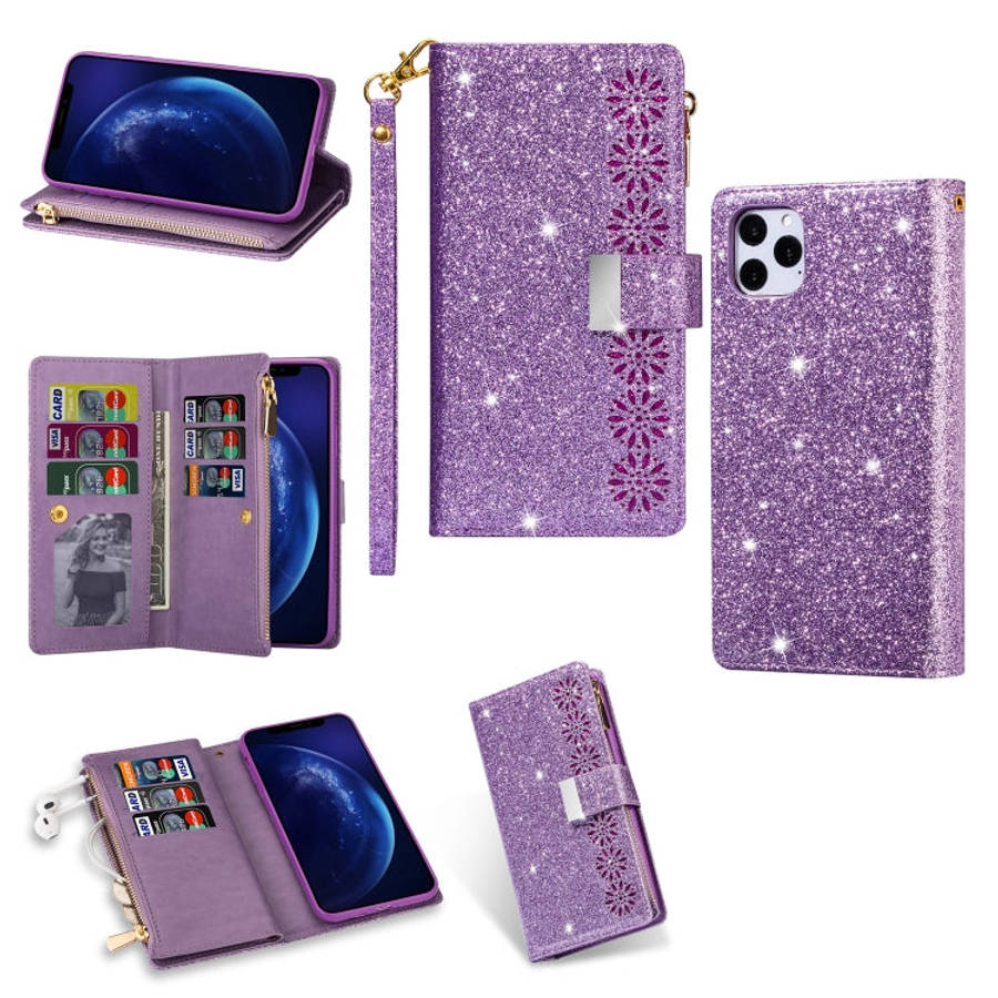 Multi-card Slots Starry Sky Laser Carving Glitter Zipper Horizontal Flip Leather Case with Holder...