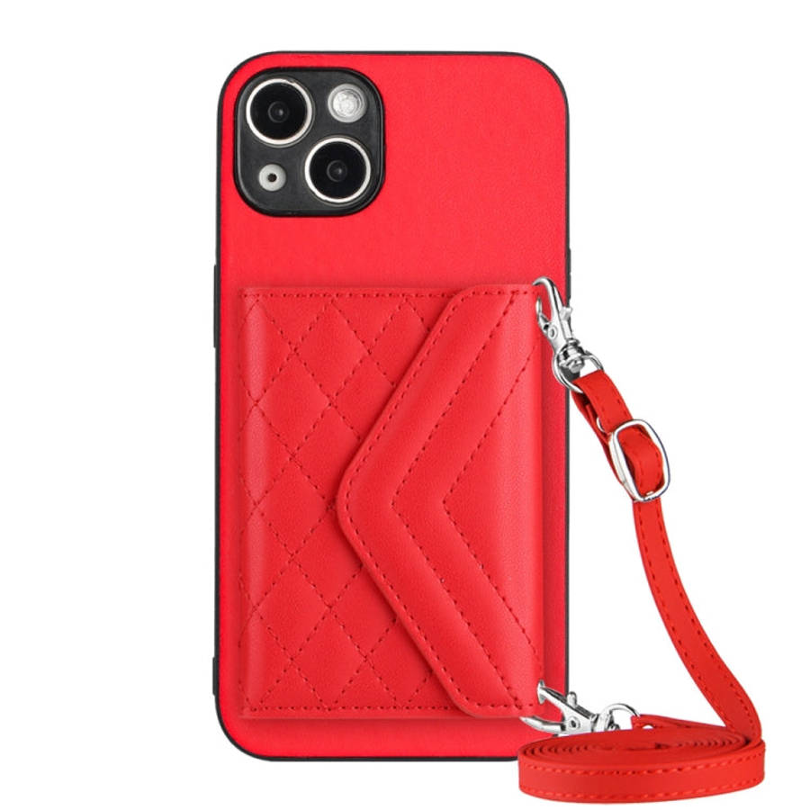 Rhombic Texture Card Bag RFID Phone Case with Long Lanyard, For iPhone 15 Pro Max, For iPhone 15 ...