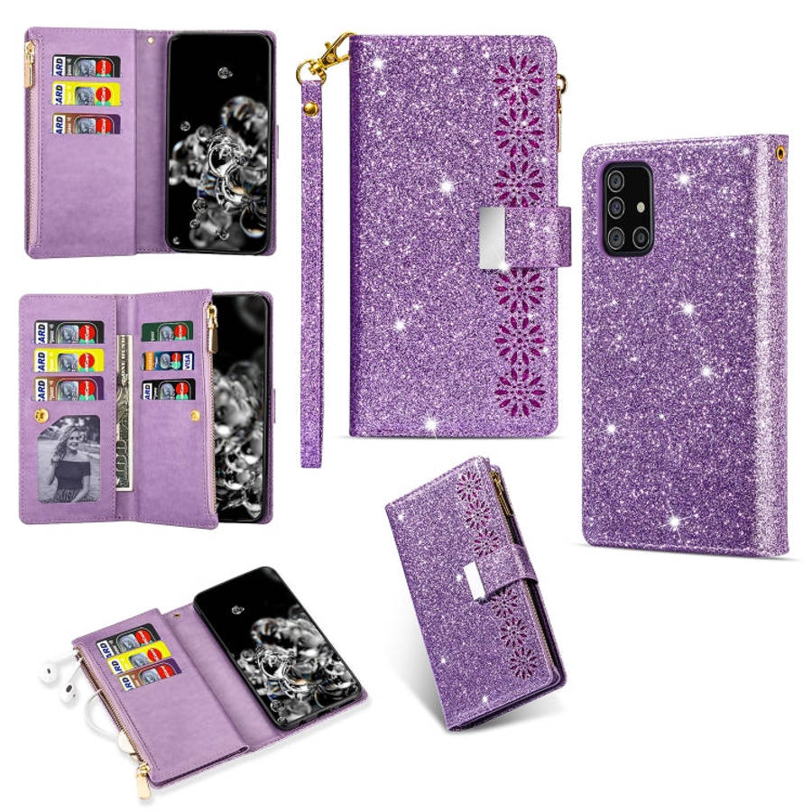 Multi-card Slots Starry Sky Laser Carving Glitter Zipper Horizontal Flip Leather Case with Holder...
