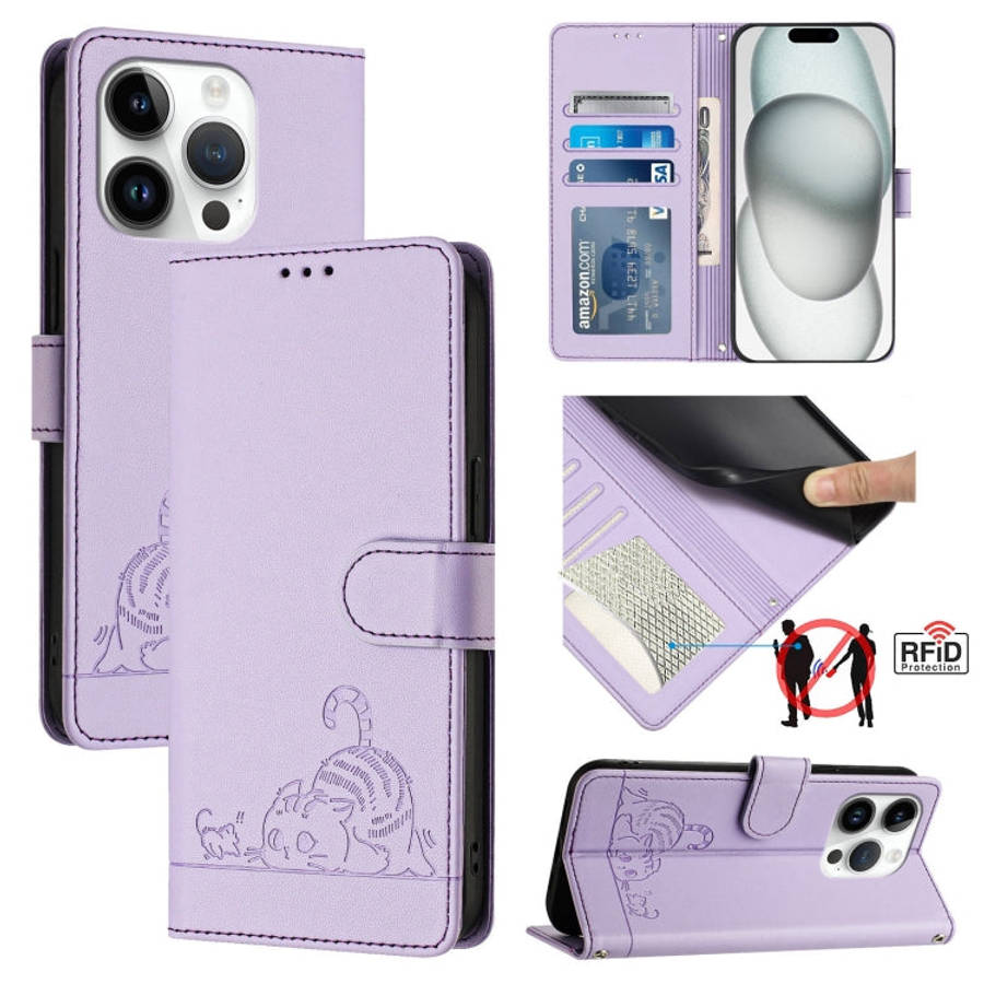 Cat Rat Embossed Pattern RFID Leather Phone Case with Lanyard, For iPhone 17 Pro Max, For iPhone ...
