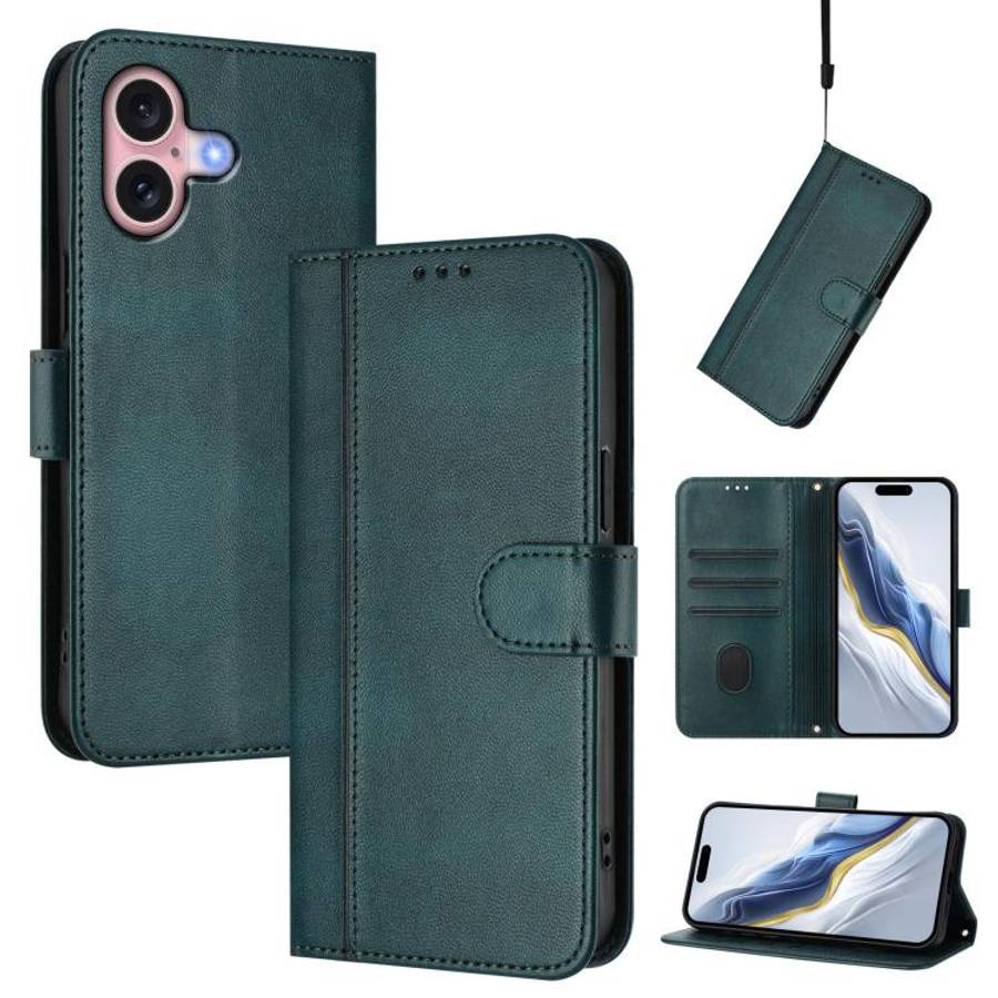 Line Splicing Buckle Retro Leather Phone Case, For iPhone 16 Pro, For iPhone 16 Plus, For iPhone ...