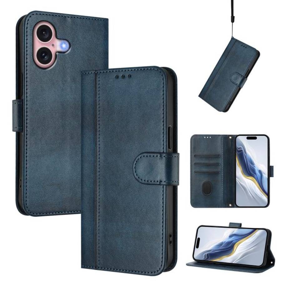 Line Splicing Buckle Retro Leather Phone Case, For iPhone 16 Pro, For iPhone 16 Plus, For iPhone ...