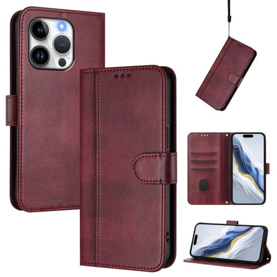 Line Splicing Buckle Retro Leather Phone Case, For iPhone 16 Pro, For iPhone 16 Plus, For iPhone ...