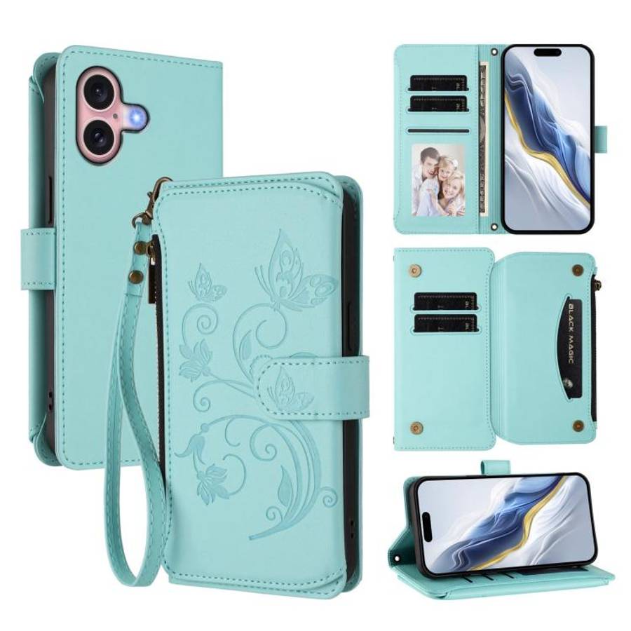 Butterfly Love Flower Multi-card Zipper Wallet Leather Phone Case, For iPhone 16 Pro, For iPhone ...