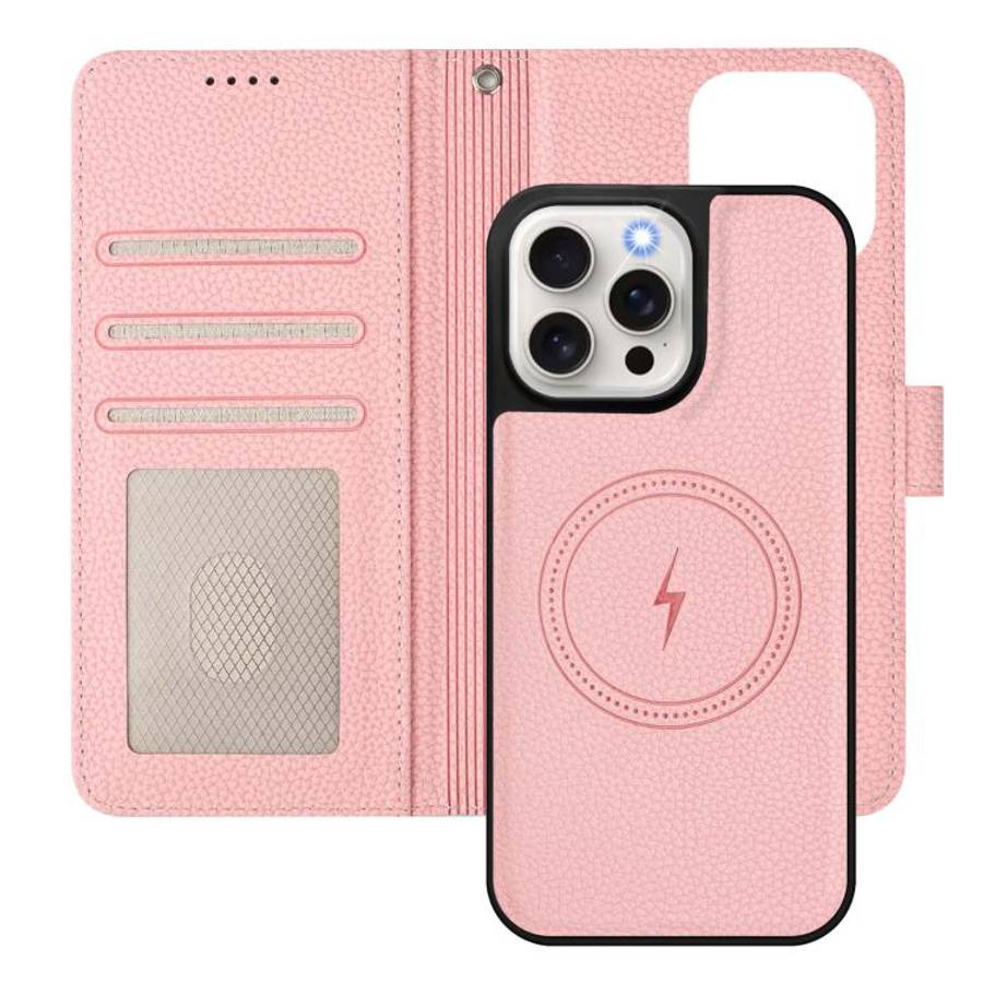 Detachable Litchi Texture Magnetic Side-Patch Vegan Leather Phone Case, For iPhone 15 Pro Max, Fo...