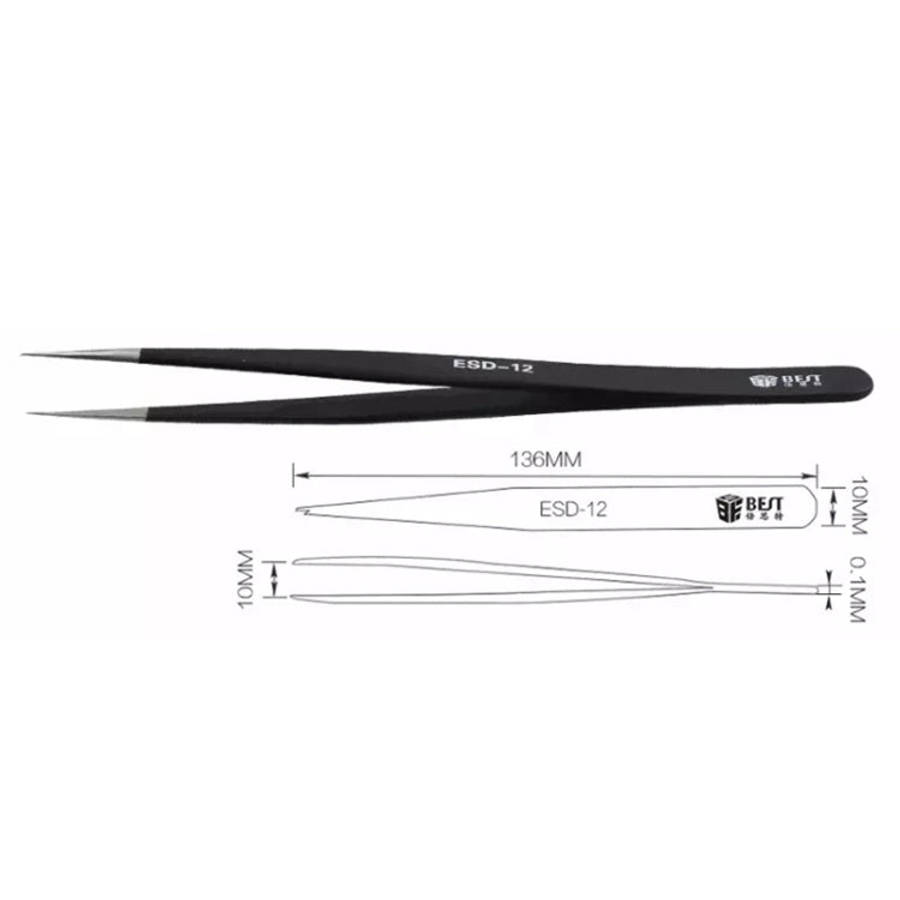 BEST BST-12 Precision Anti-static ESD Stainless Steel Tweezers, BST-12