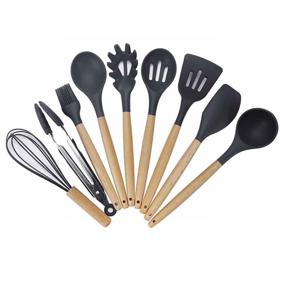kn020 9 in 1 B Version Wooden Handle Silicone Non-stick Spatula Spoon Kitchen Tool Set, B Version