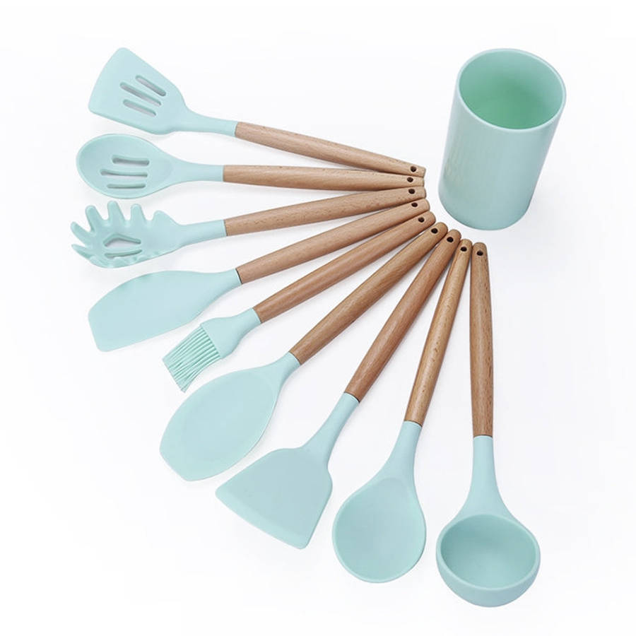 kn082 9 in 1 Wooden Handle Silicone Kitchen Tool Set with Storage Bucket, Black, Pink, Green