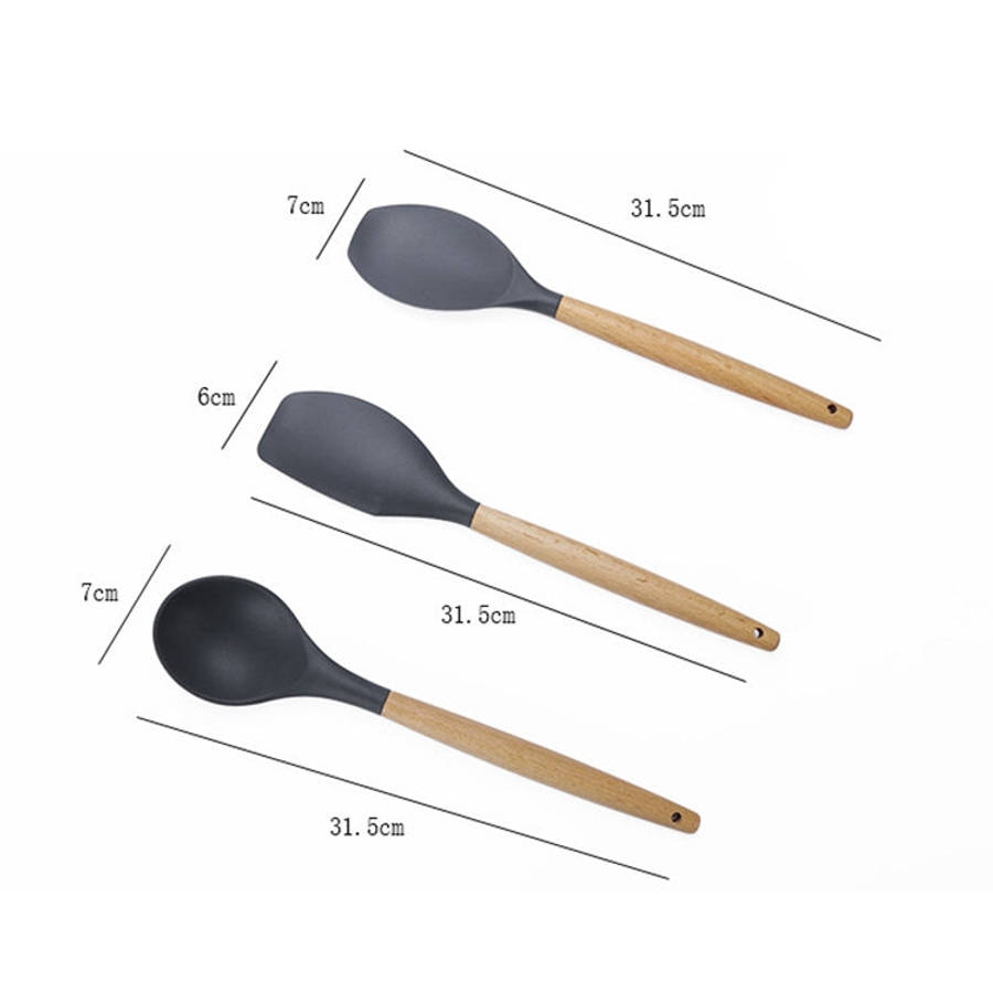 kn082 11 in 1 Wooden Handle Silicone Kitchen Tool Set with Storage Bucket, Black, Pink, Green