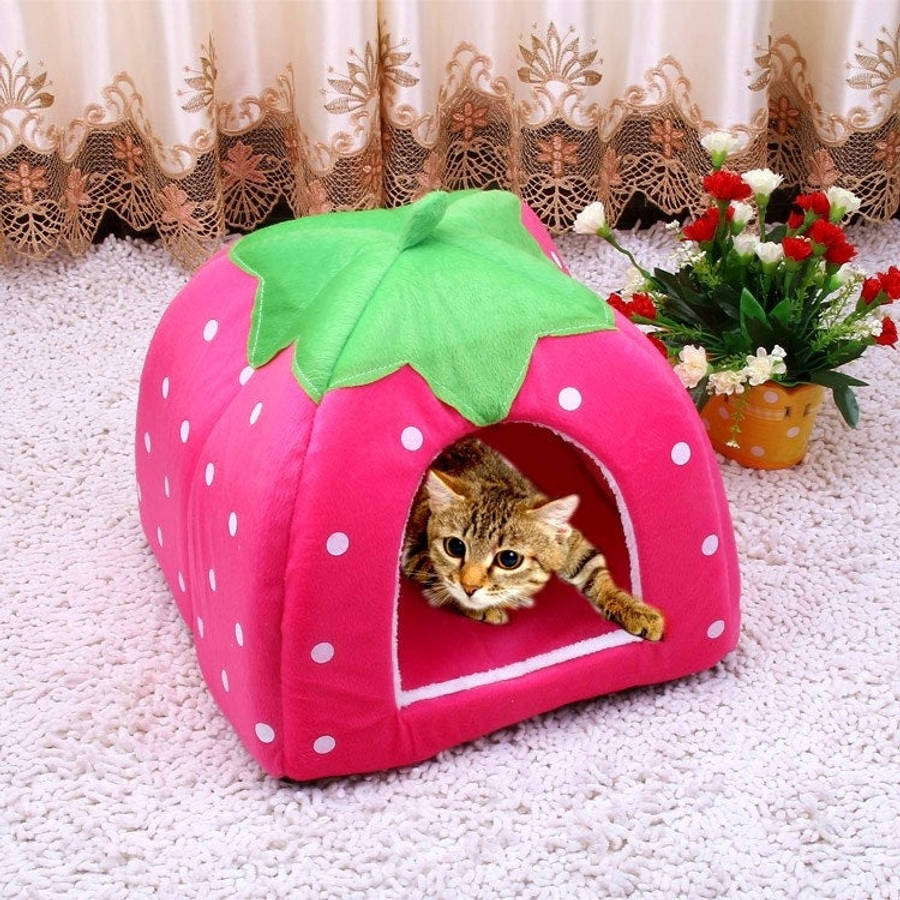 Strawberry Shaped Foldable Short Plush Pet House Nest, Size: M, Purple, Size M, Red, Size M, Pink...