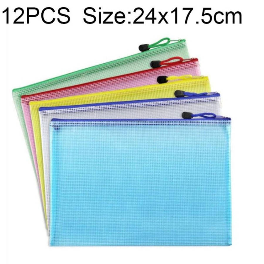 12 PCS Zipper Plastic Mesh Stationery Bag, Random Color Delivery (A5, Size: 24x17.5cm), A5, Size:...