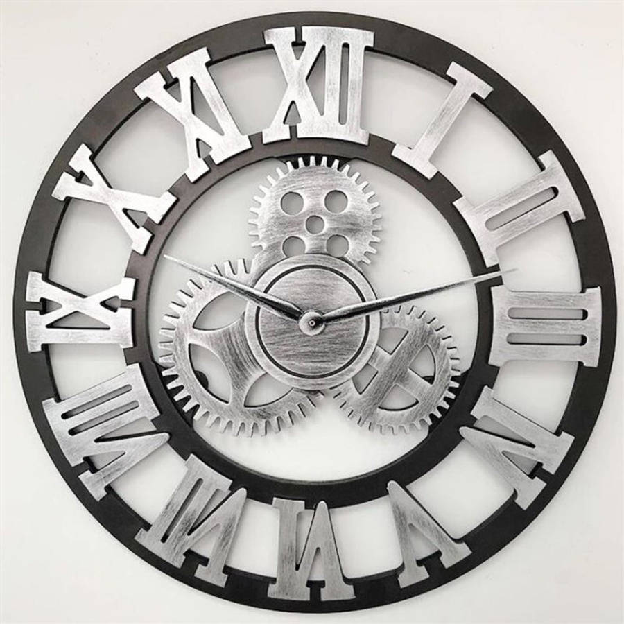 Retro Wooden Round Single-sided Gear Clock Rome Number Wall Clock, Diameter: 70cm, Rome Number 70...
