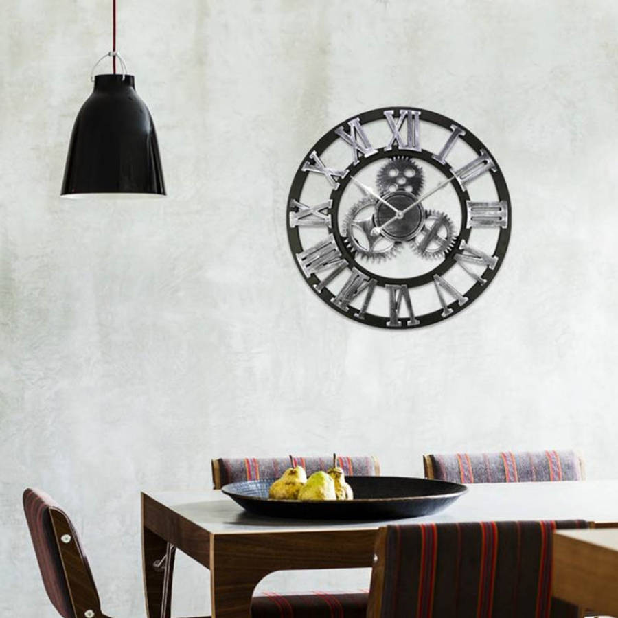 Retro Wooden Round Single-sided Gear Clock Rome Number Wall Clock, Diameter: 70cm, Rome Number 70...