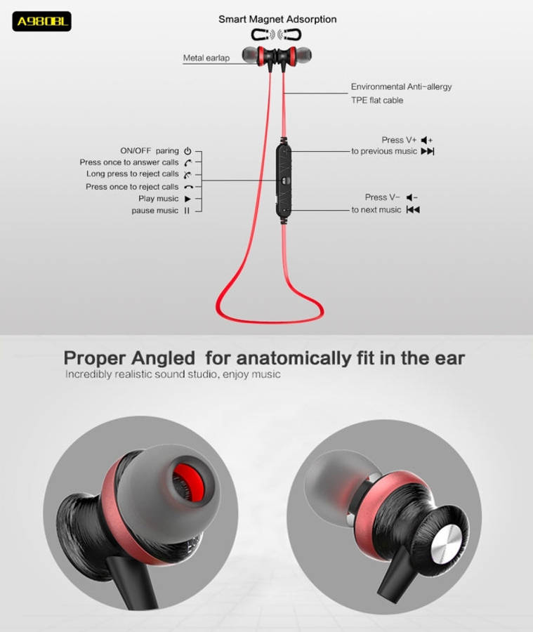 AWEI A980BL Wireless Sport Magnetic Bluetooth Earphone with Wire Control , Support Handfree Call