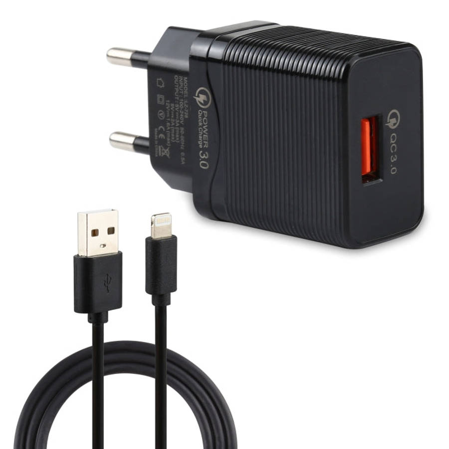 LZ-728 2 in 1 18W QC 3.0 USB Interface Travel Charger + USB to 8 Pin Data Cable Set, EU Plug, Cab...