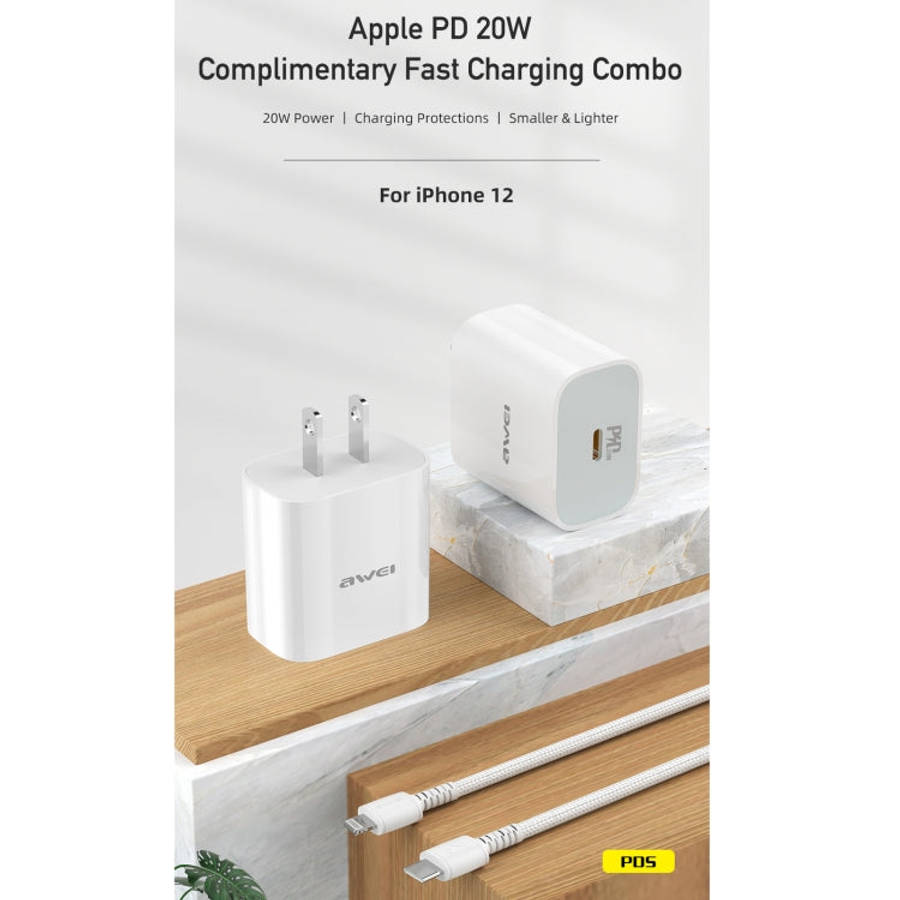 awei PD5 PD 20W Fast Charging Travel Charger Power Adapter with Type-C / USB-C to 8 Pin Cable, US...