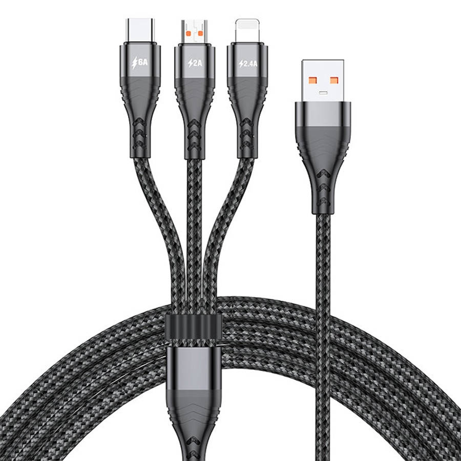 ADC-138 66W 3 in 1 USB to 8 Pin + Micro USB + USB-C / Type-C Fast Charging Braided Data Cable, Ca...