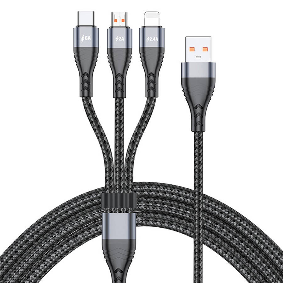 ADC-138 66W 3 in 1 USB to 8 Pin + Micro USB + USB-C / Type-C Fast Charging Braided Data Cable, Ca...