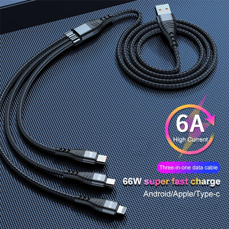 ADC-138 66W 3 in 1 USB to 8 Pin + Micro USB + USB-C / Type-C Fast Charging Braided Data Cable, Ca...