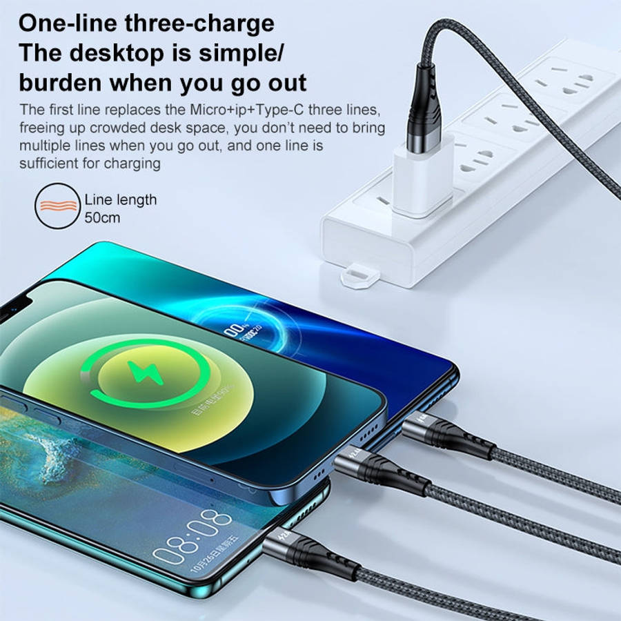 ADC-138 66W 3 in 1 USB to 8 Pin + Micro USB + USB-C / Type-C Fast Charging Braided Data Cable, Ca...